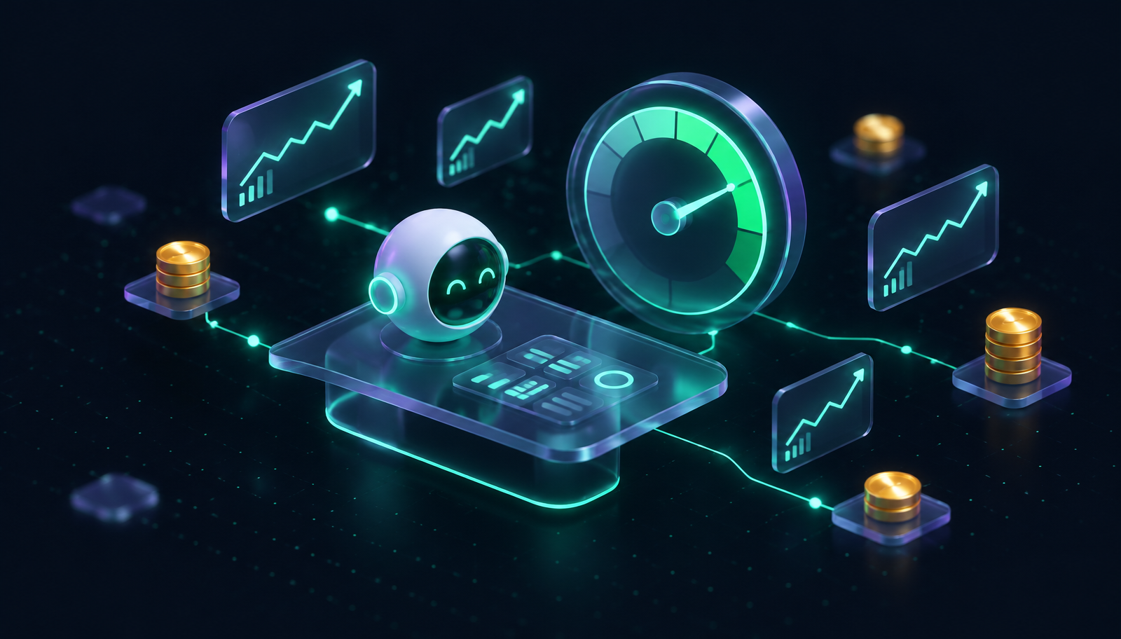 Illustration of the Autopilot Wheel bot watching the market from its control desk