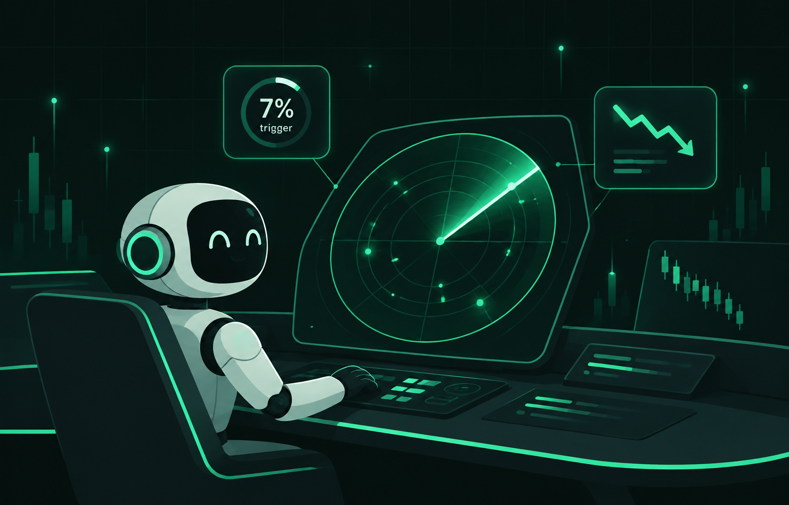 Illustration of the Autopilot Wheel bot watching a radar screen for market triggers